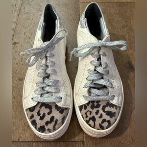 P448 White and Silver Sneakers with Leopard Accents